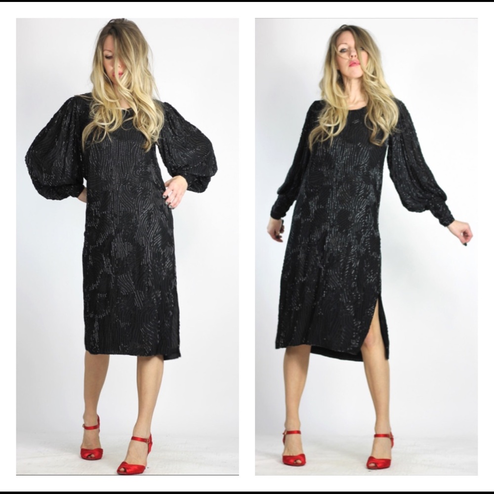 Vintage 80s Amazing Black Beaded Silk Tunic Dress